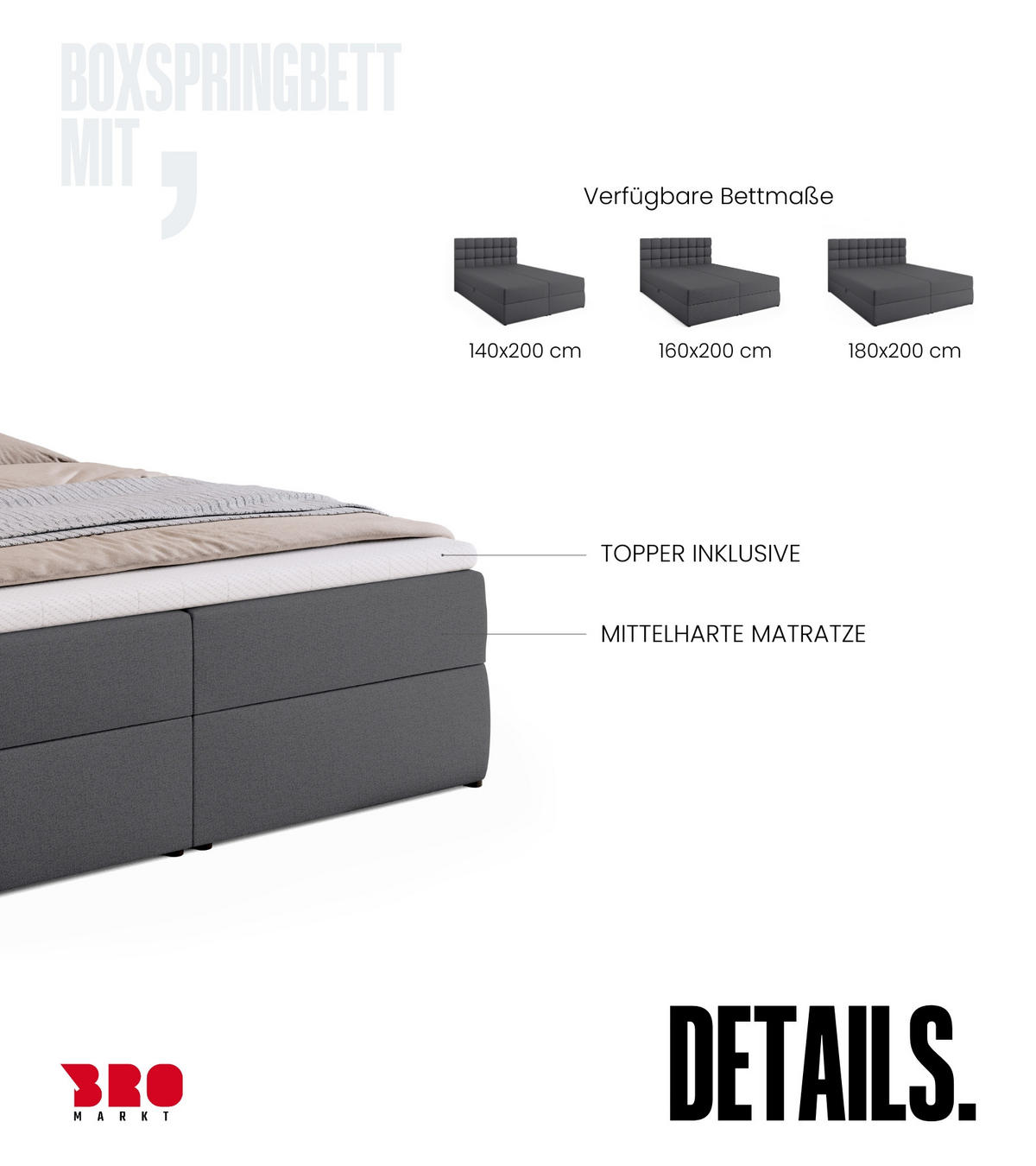 BOXBETT Dakota mit Topper 160/200 Dunkelgrau - Dunkelgrau, Textil (160/200cm) - Bromarkt