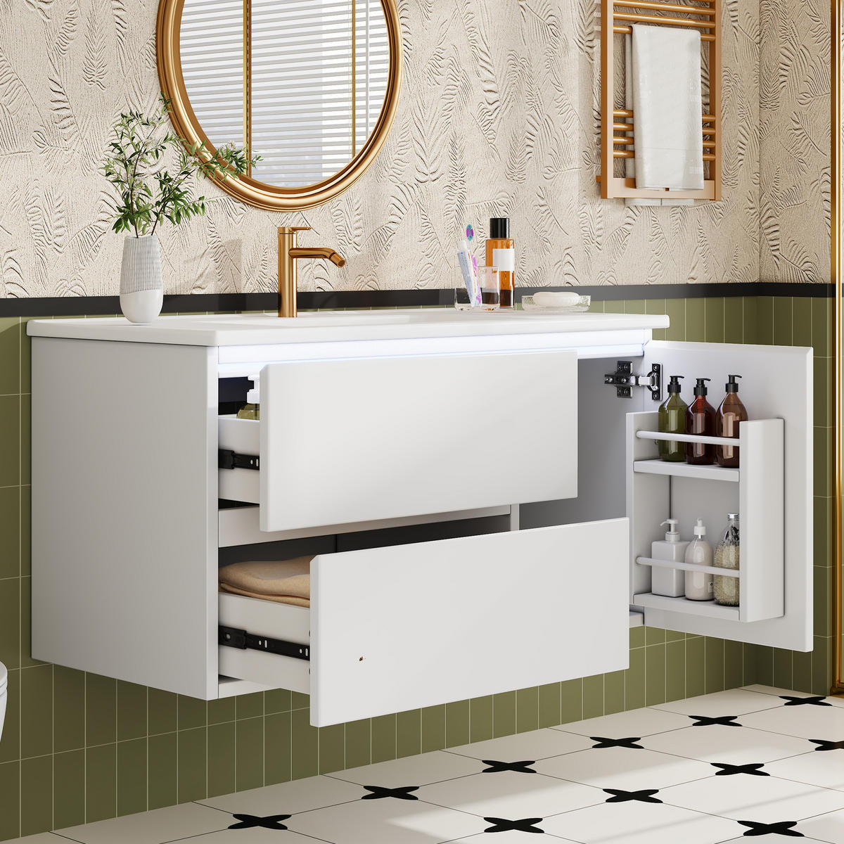 WASCHTISCHUNTERSCHRANK 91x46.5x50.5 cm Weiß aus Keramik & Spanplatte mit Radarsensor-LED & 2 Schubladen - Weiß, Holzwerkstoff (91/50.5/46.5cm) - Modfu