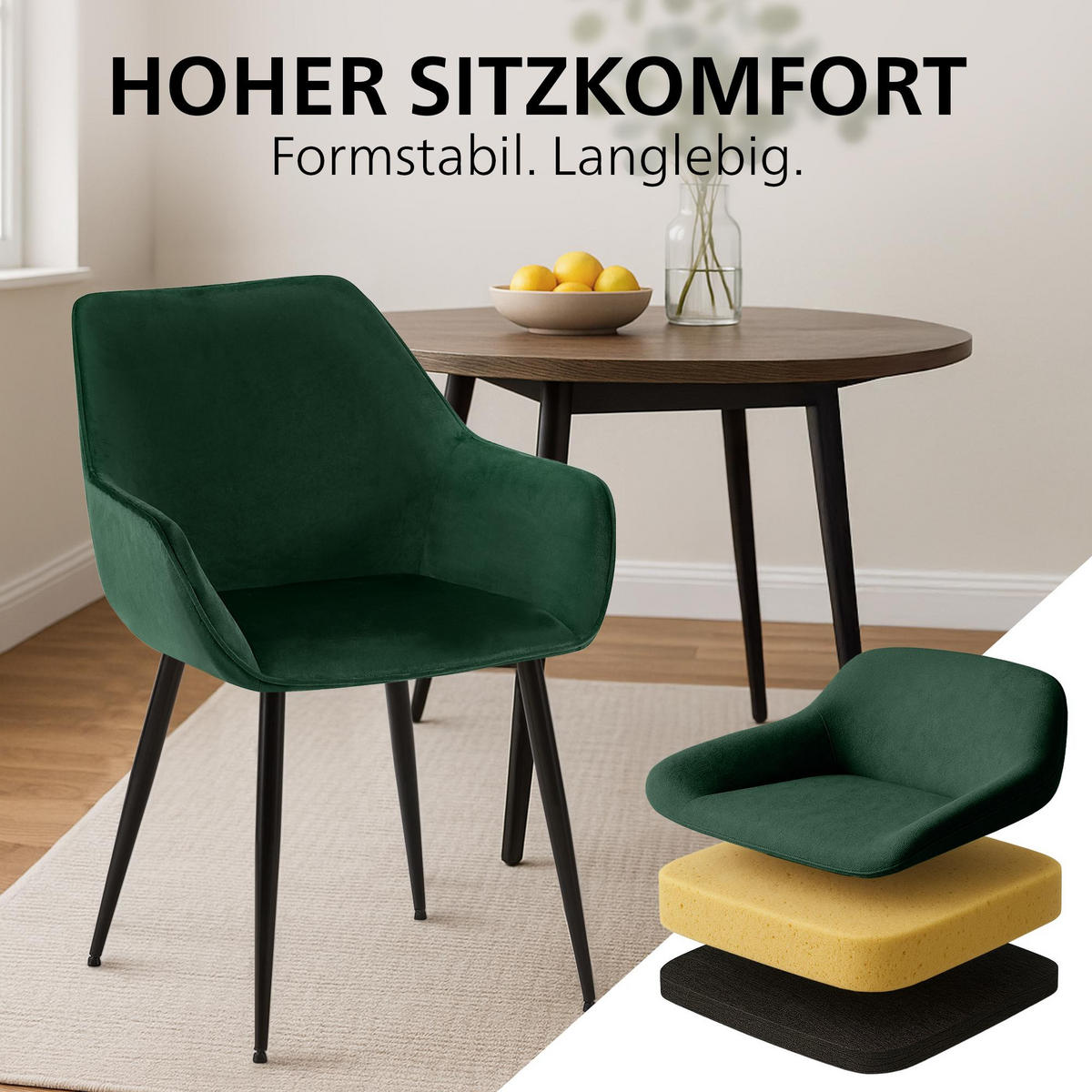 ARMLEHNENSTUHL 2er Set Samt Grün - Schwarz/Grün, Textil/Metall (52/82/63cm) - CLP