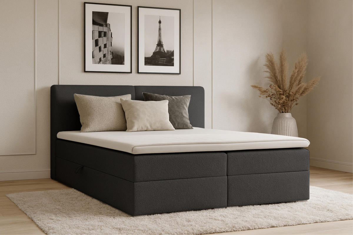 BOXBETT LINA 180/200 in Boucle Schwarz H4 - Schwarz, Holz/Holzwerkstoff (180/200cm) - Deine Möbel 24