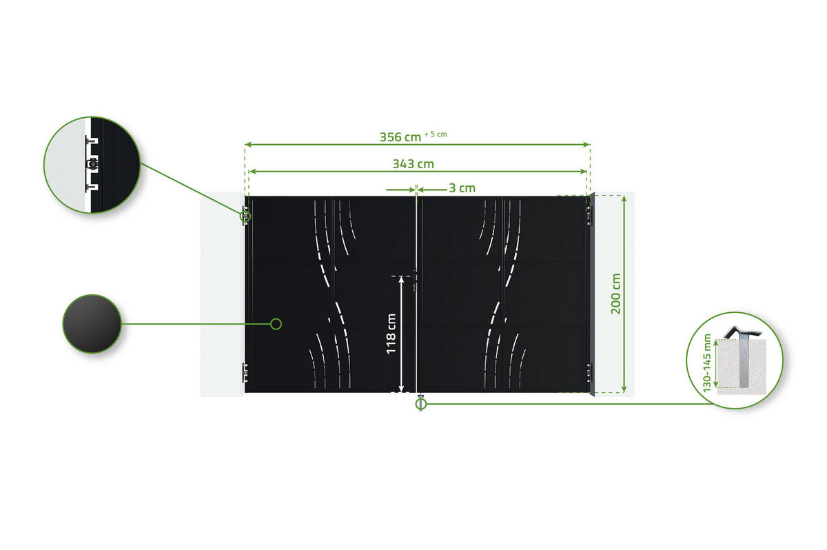 STAHLFLÜGELTOR Nali Veleta Mattschwarz 3,5m H.200cm - Schwarz, Metall (343/200cm) - Casanoov