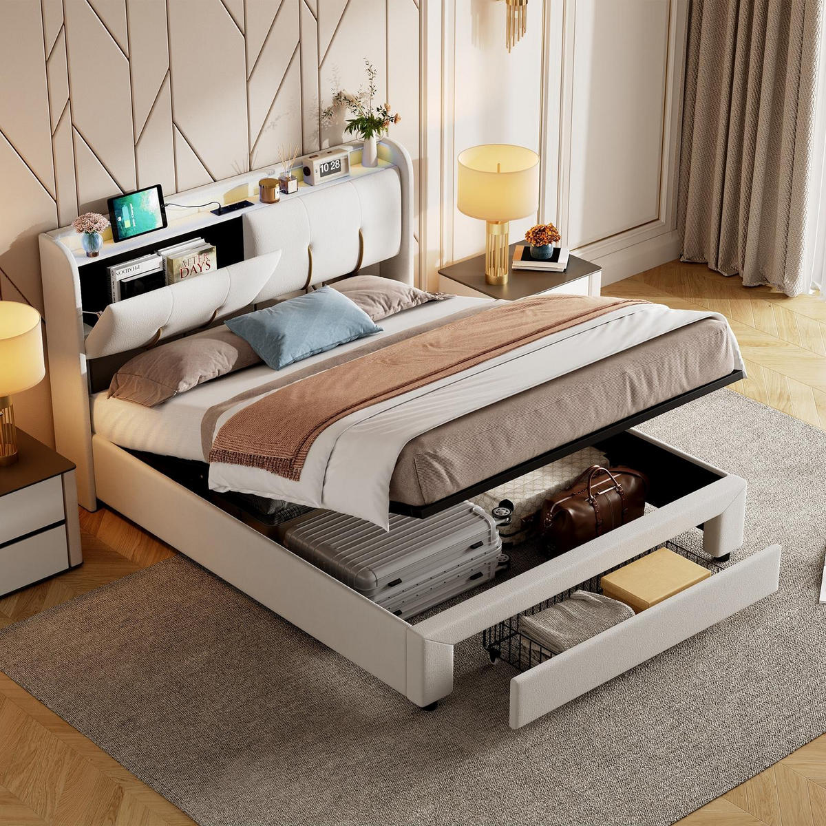 POLSTERBETT 140x200 cm Smart Storage Royale mit Hydraulik-System, LED & USB-C Ladestation, Samt, Beige - Beige, Textil (140/200cm) - DELFA