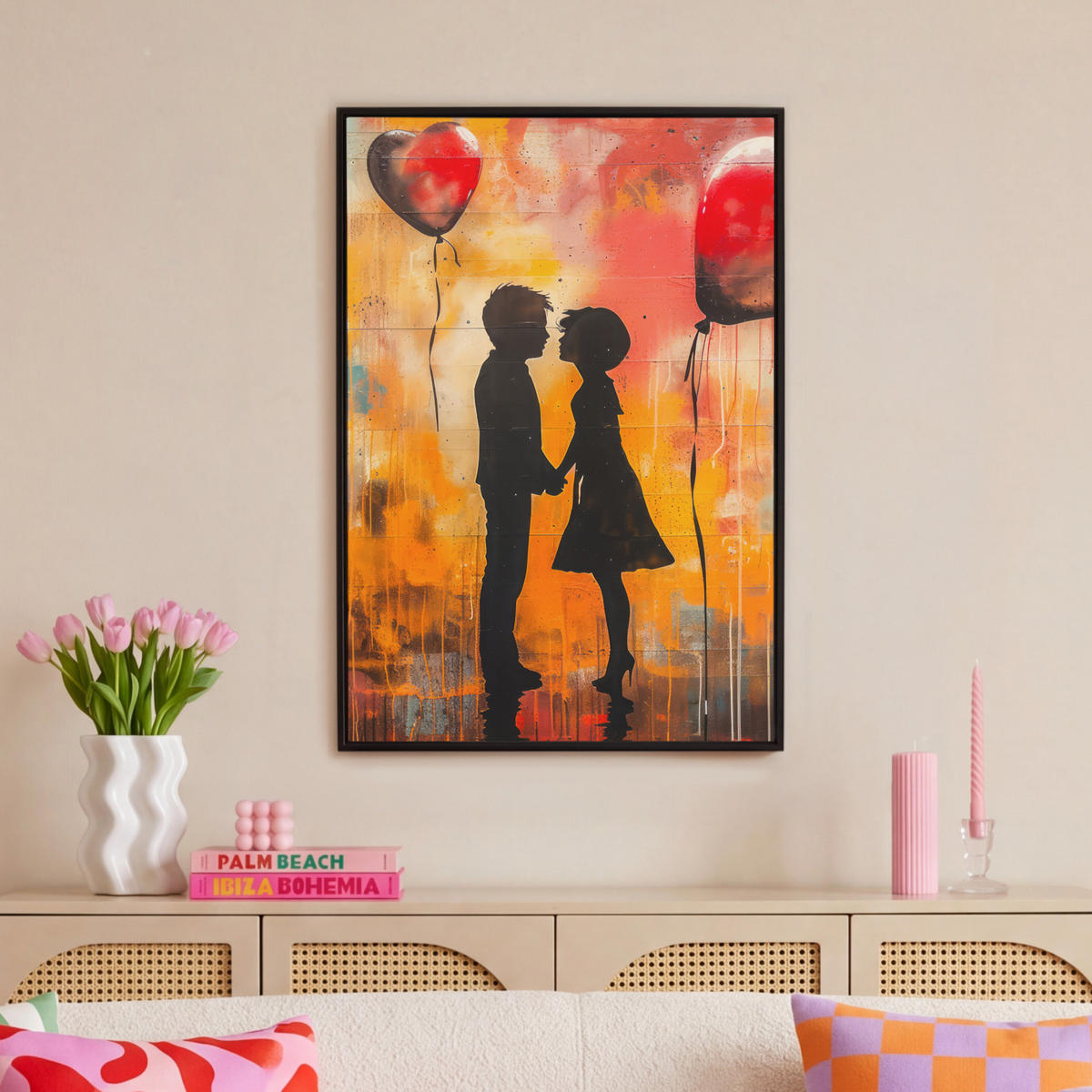 LEINWAND Bilder mit Rahmen - Straßenkunst - Liebe - Graffiti - Kunst - Banksy - 60x90 - Orange, Textil (60/90cm) - MuchoWow