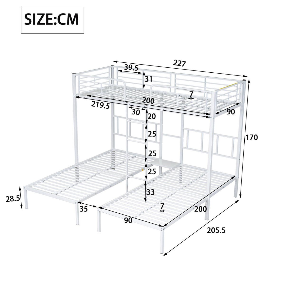 ETAGENBETT Kinderbette 90/200 cm aus Metall mit Leiter und Tisch Weiß - Weiß, Metall (90/200cm) - Modenvie