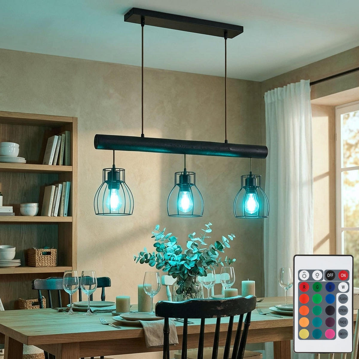 LED HÄNGELEUCHTE Holz Schwarz Metallgitter - Schwarz, Holz (60/13.6/140cm) - Globo Lighting