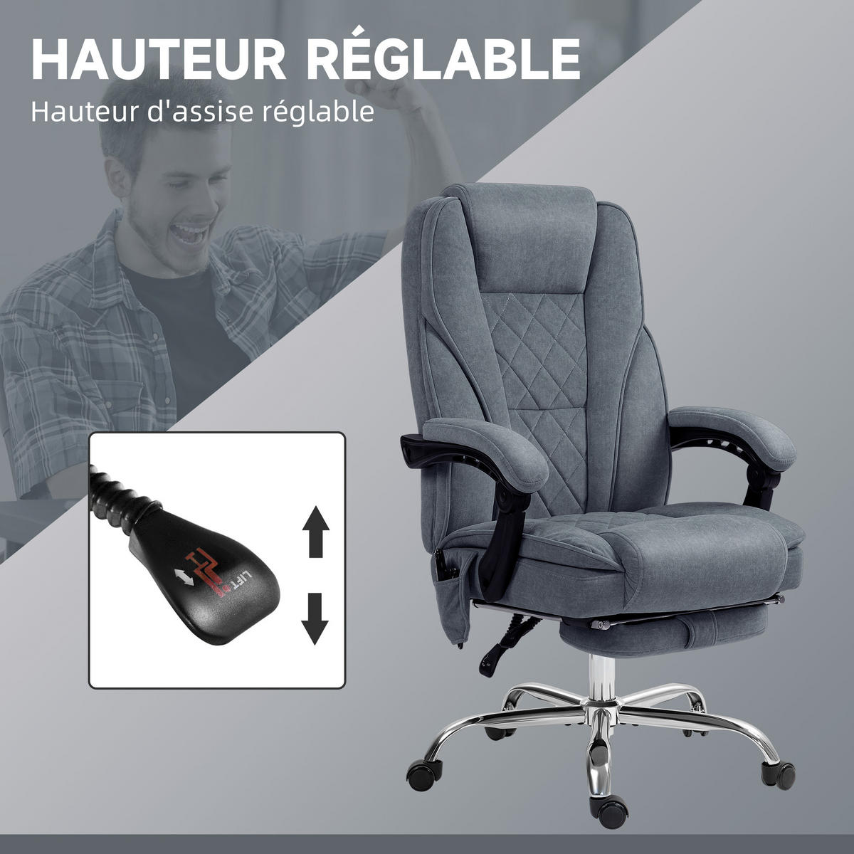 CHEFSESSEL DE-11728 mit massage- & heizfunktion neigbar Grau - Dunkelgrau, Textil (72/119/67cm) - ComfortXL