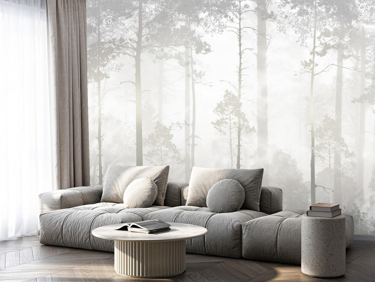 FOTOTAPETE für Schlafzimmer Nebliger Wald Bäume Sträucher Mystik 300x210 - Beige/Weiß, Papier (300/210cm) - Muralo