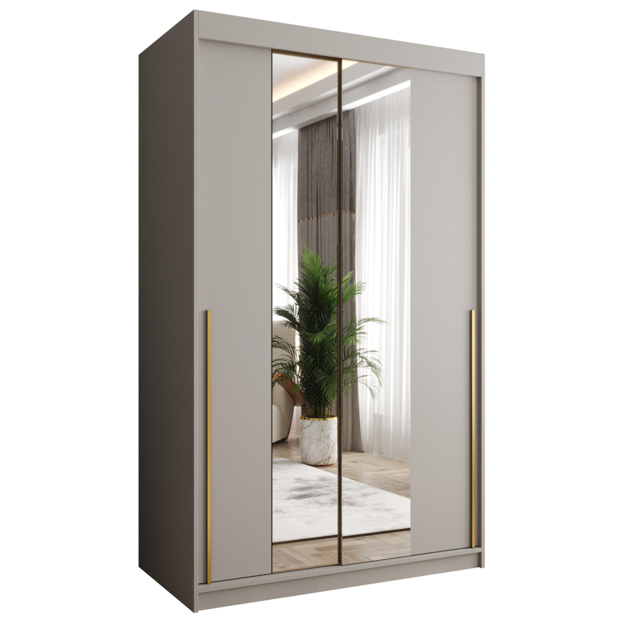 SCHIEBETÜRENSCHRANK mit Spiegel 120 cm Breite Kaschmir mit Goldgriff - Kaschmir/Goldfarben, Holzwerkstoff (120/200/62cm) - Home Collective