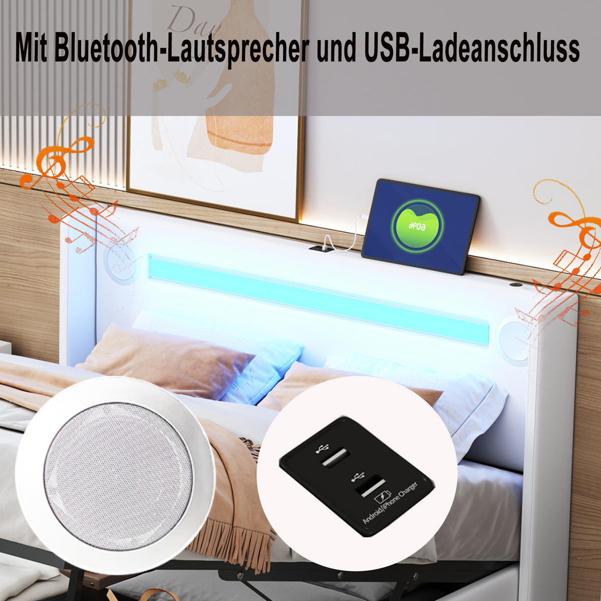 POLSTERBETT 160x200 LED Bluetooth USB Stauraum Weiß - Weiß, Holzwerkstoff - FLIEKS