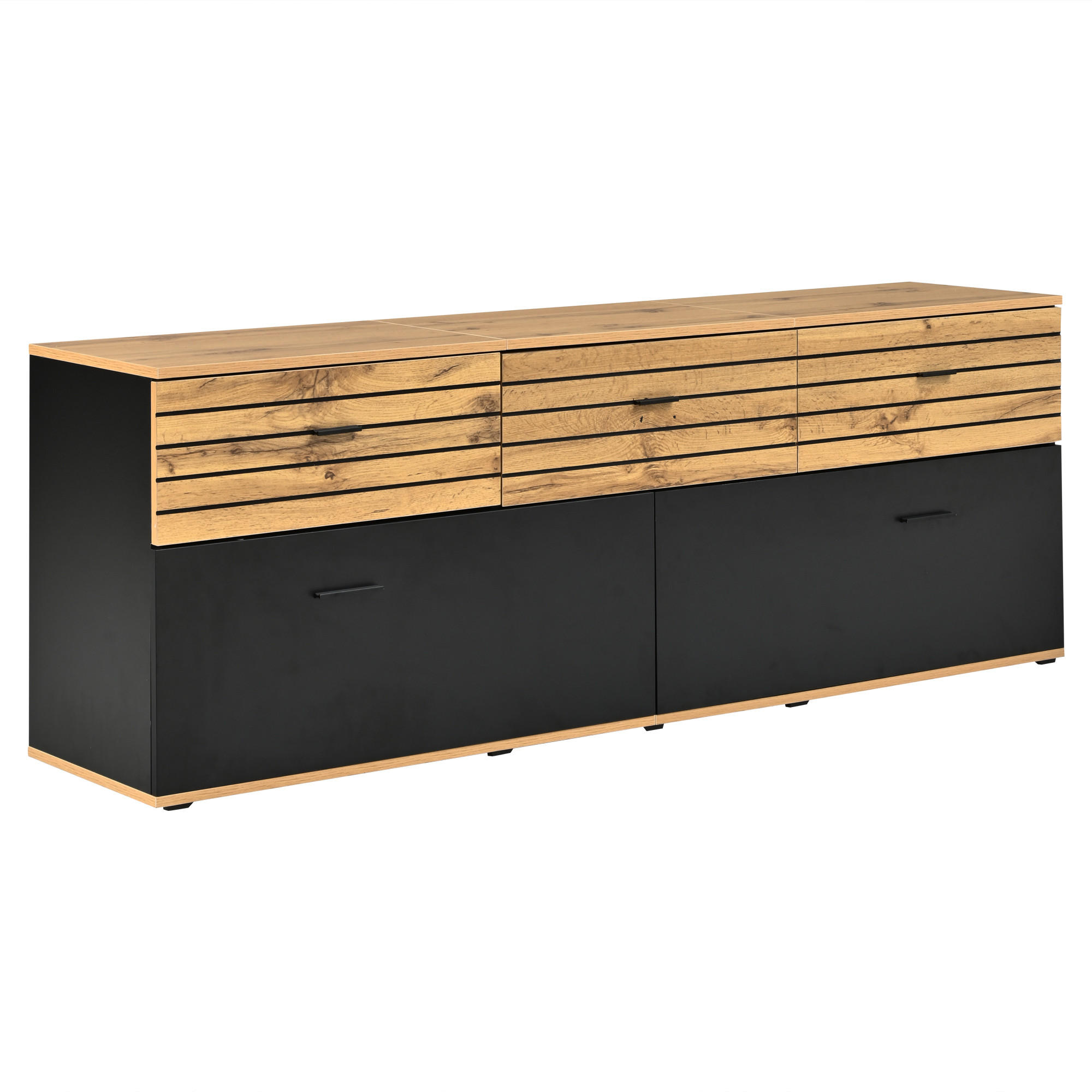 STILVORA TV STOLEK v přírodní a černé barvě se 2 dvířky a 3 zásuvkami do obývacího pokoje, 168×38×59 cm
