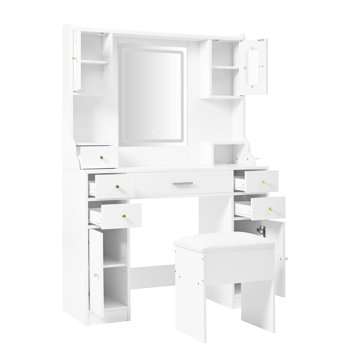 SCHMINKTISCH 105/40/152 cm mit HD-Spiegel, LED-Beleuchtung, Steckdosenleiste und Stauraum aus Spanplatte, Weiß - Weiß, Holzwerkstoff (105/152/40cm) - Redom