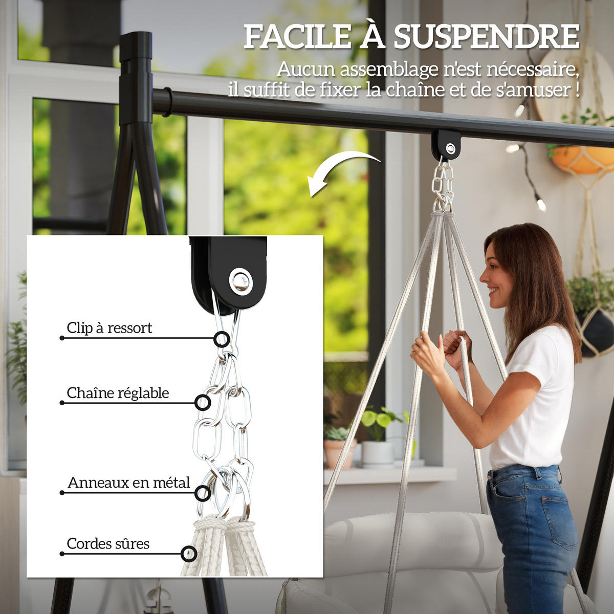 HÄNGESESSEL DE-15295 80/60/40 cm mit großem Polster und Fransen Creme - Creme, Metall (60/40/80cm) - ComfortXL