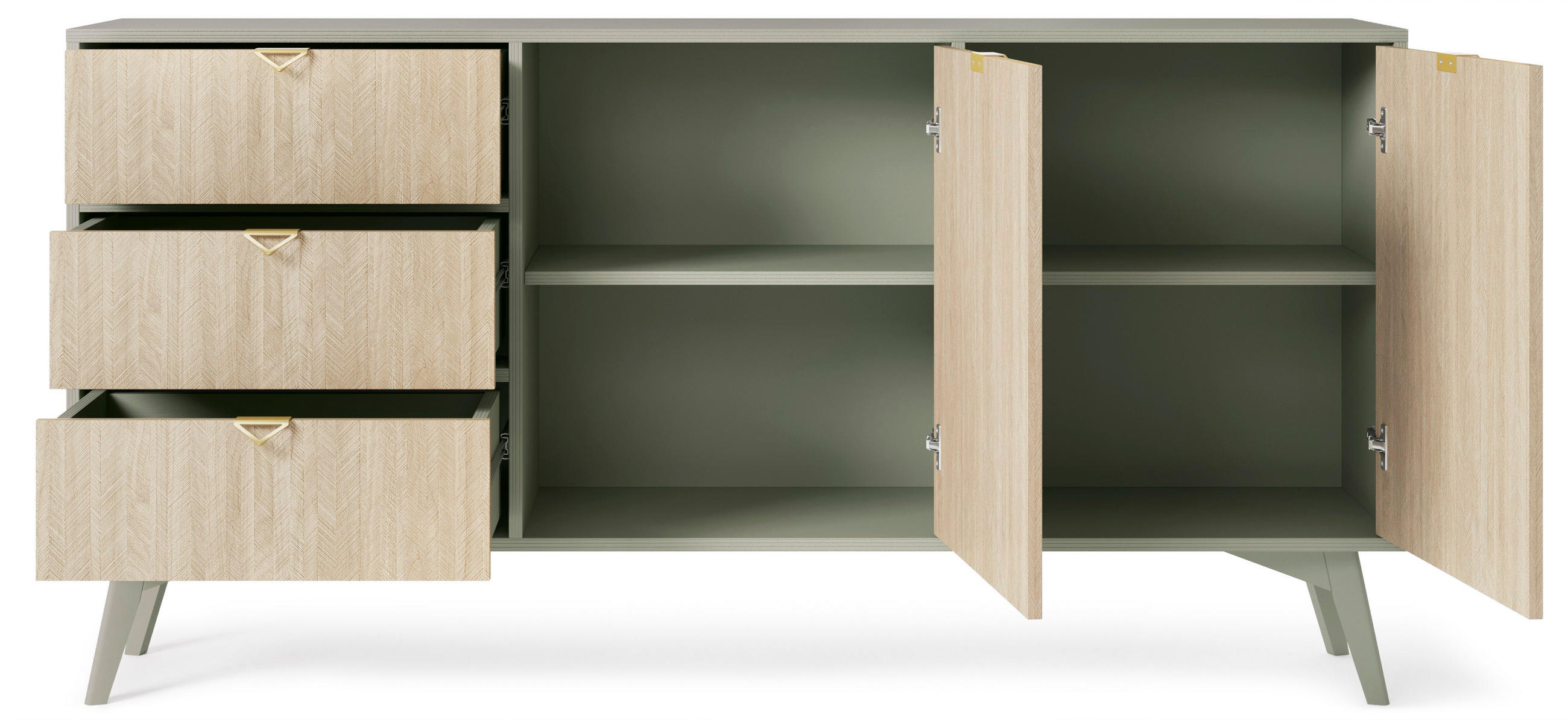 KOMMODE Silva 158 cm in der Farbe Eukalyptus + Scandi-Fischgrätmuster mit Türen und Schubladen - Goldfarben/Grün, Holz/Holzwerkstoff (158/81/38cm) - Ravio