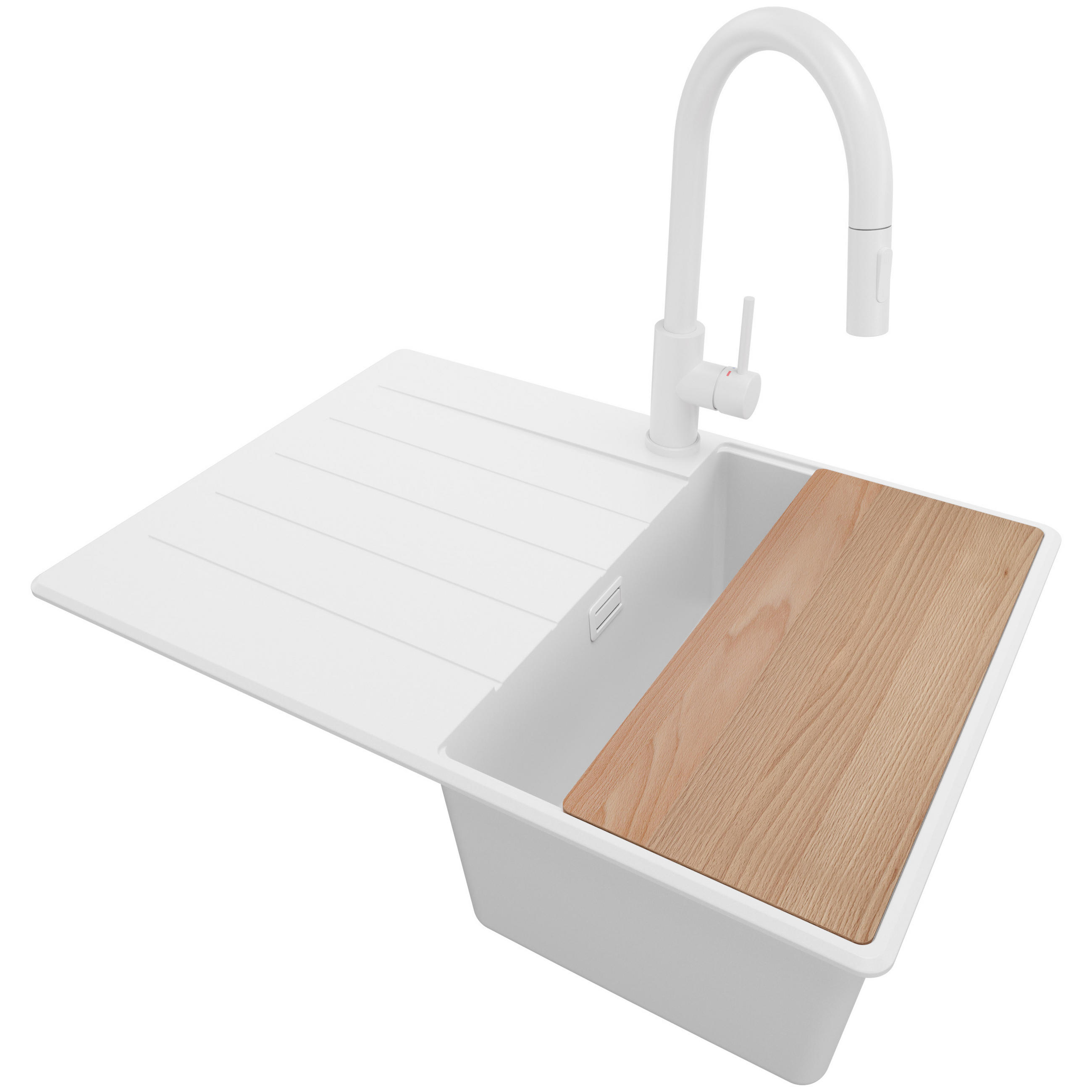 GRANITSPÜLE Kopenhagen, 2-er set Alles Weiß 70/50 cm 1 Becken + Küchenarmatur 40/20 cm + Ablauf-Set + Schneidebrett ab 40er Unterschrank - Beige/Weiß, Kunststoff (70/20/50cm) - Primagran