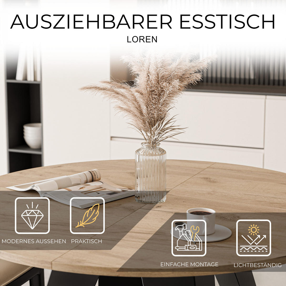 ESSTISCH ausziehbar auf MDF, Kraft Eiche - Schwarz/Braun, Holzwerkstoff (90/90/76cm) - Idohome