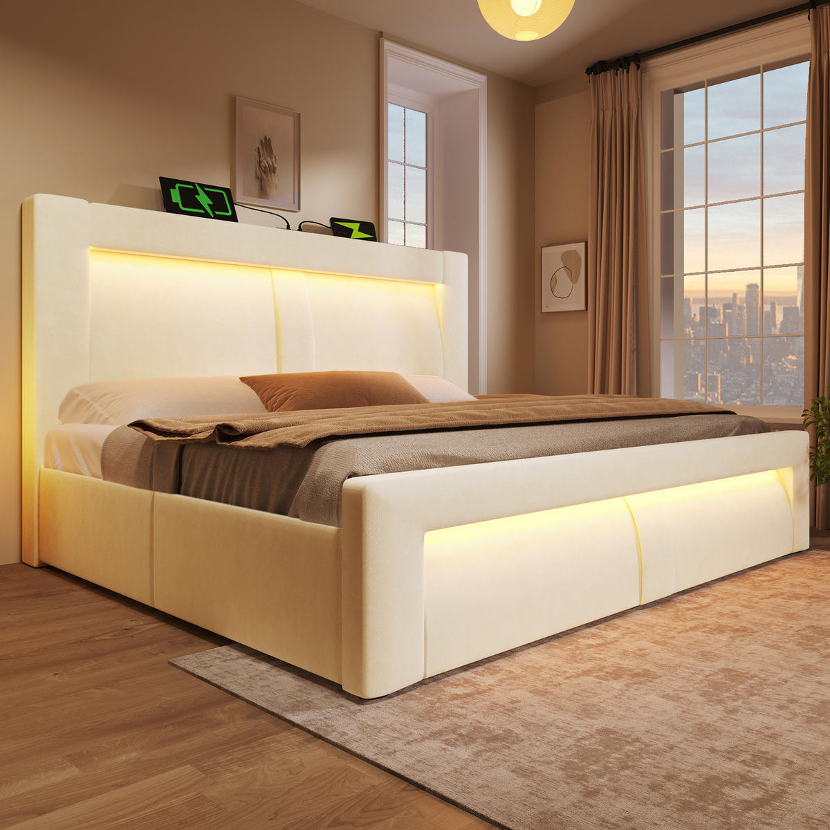 BETT mit Stauraum 160x200 cm Samt Beige inkl. Matratze - Beige, Metall (160/200cm) - Meubliv