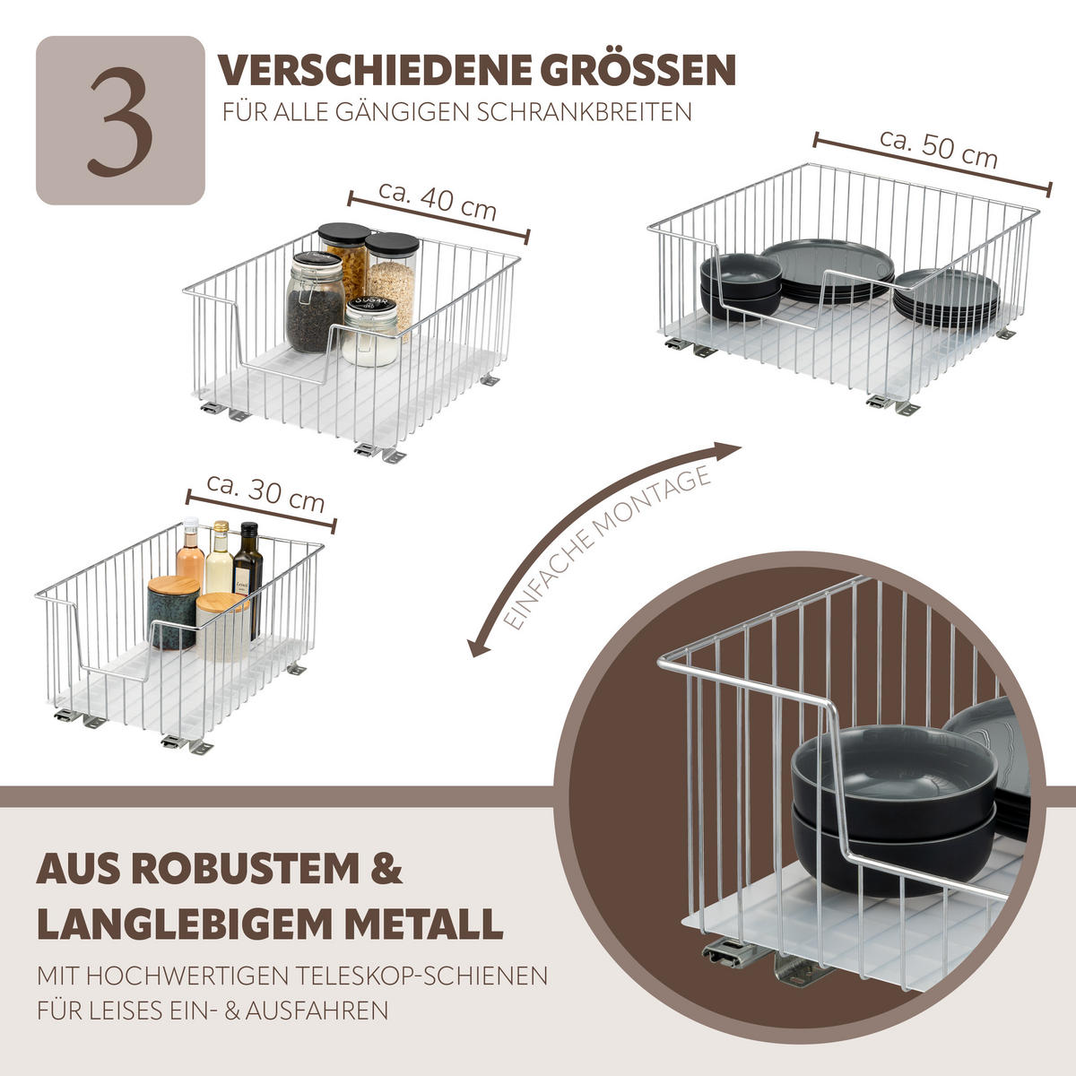 SCHRANK-KORBAUSZUG 50 cm, Silber, Metall - Silberfarben, Metall (50/23/50.5cm) - bremermann