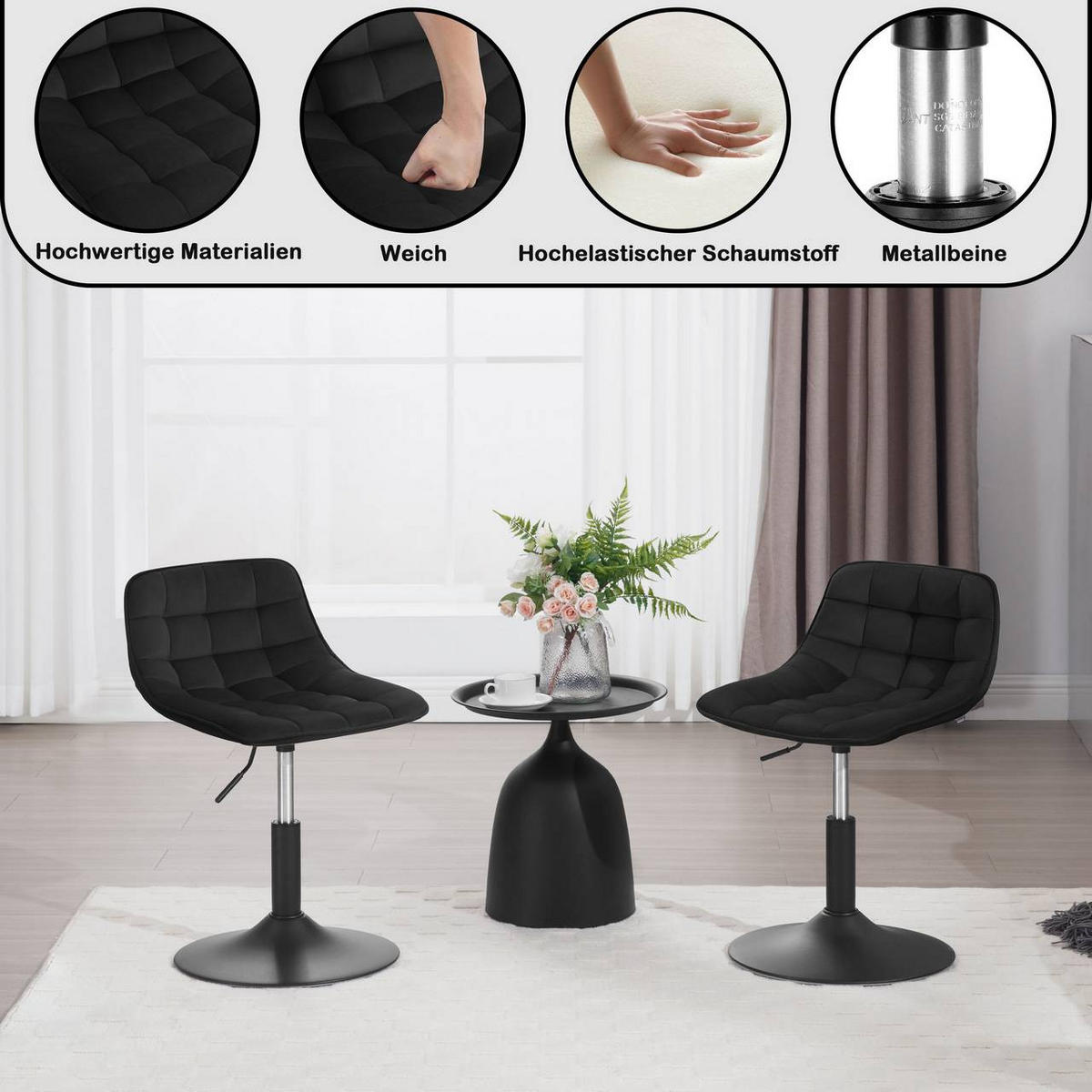 BARHOCKER Mehrzweck 360° Schwenken Samt, Schwarz - Schwarz, Textil/Metall (42.5/72/45cm) - Woltu