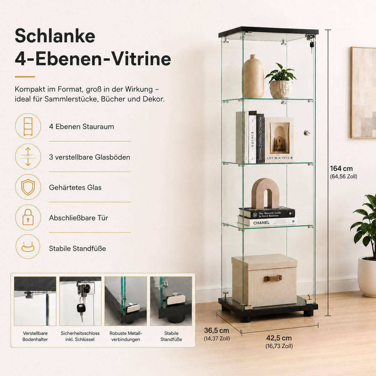 VITRINE,TRANSPARENT, 4-stufig, mit LED-Beleuchtung, schwarzer Rahmen, abschließbare Tür - Schwarz, Glas (42.5/164/36.5cm) - Joyfair