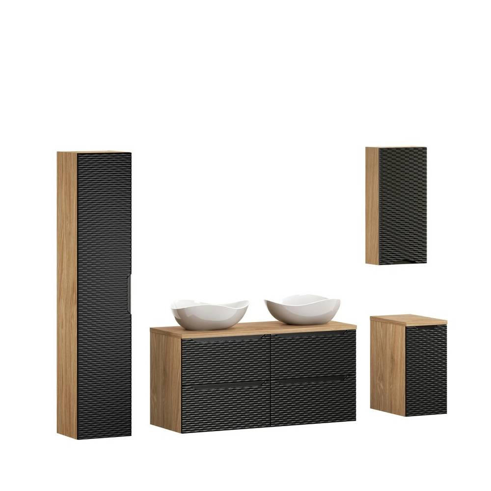 BADMÖBEL-SET 9 Teile - Ocean Black O BM443 in Schwarz / Geölte Eiche - Schwarz, Holz/Keramik (120/57/46cm)