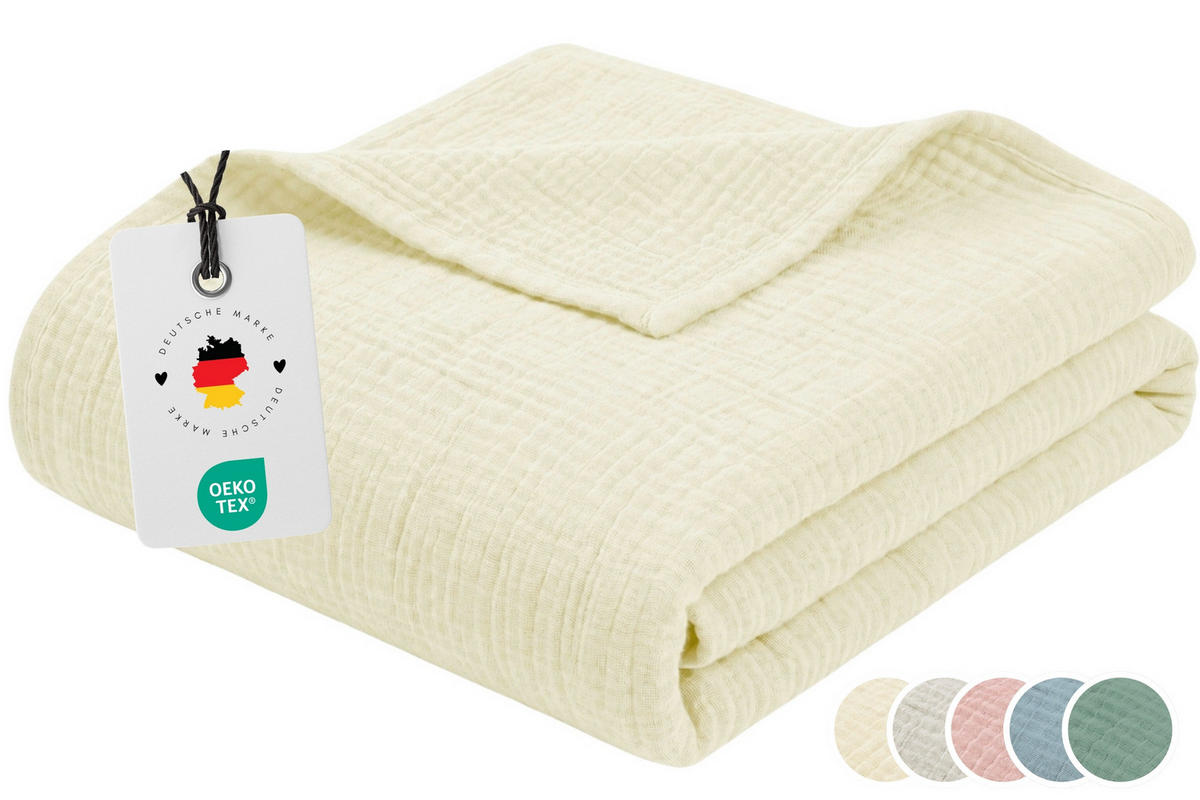 WOHNDECKE Musselin 150 x 200 cm, Leichte Kuscheldecke aus 100% Baumwolle - Nutzbar als Tagesdecke, Plaid oder Decke für Sofa, Couch & Bett - Creme - Creme, Textil (150/200cm) - Carpe Sonno