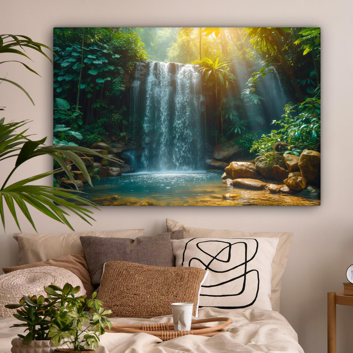 LEINWANDBILD Wasserfall - Dschungel - Sonne - Grün - Natur Wohnzimmer 120x80 cm - Grün, Textil (120/80cm) - MuchoWow
