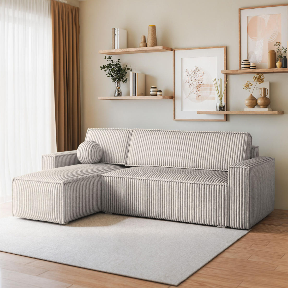 ECKSOFA RAVELO T Hellgrau Kordstoff mit Schlaffunktion - Hellgrau, Holz (240/140cm) - MASSENO
