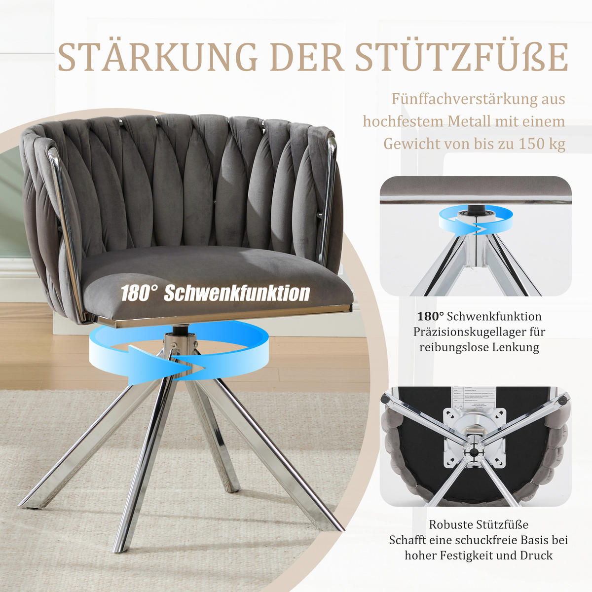 ARMLEHNSTUHL(SET à 2 Stück) mit Metallgestell - ergonomische Rückenlehne und 180° Schwenkfunktion - Hellgrau - Hellgrau, Textil/Metall (50/70/56cm) - KOMHTOM