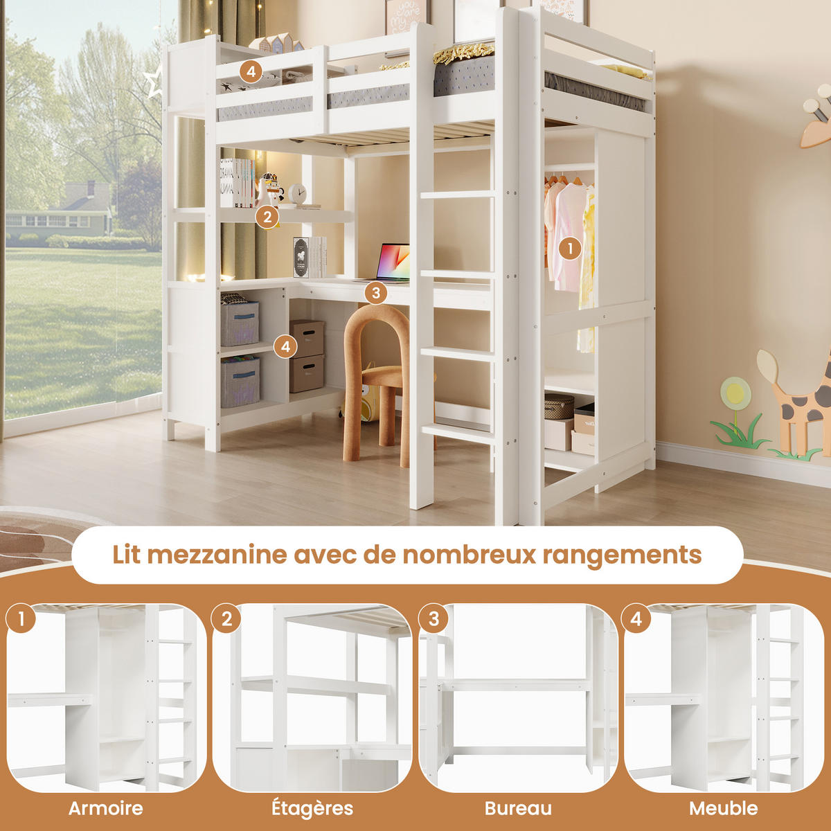 HOCHBETT mit Schreibtisch und Kleiderschrank Weiß 90x200 cm Holz - Weiß, Holz (90/200cm) - SONNENH