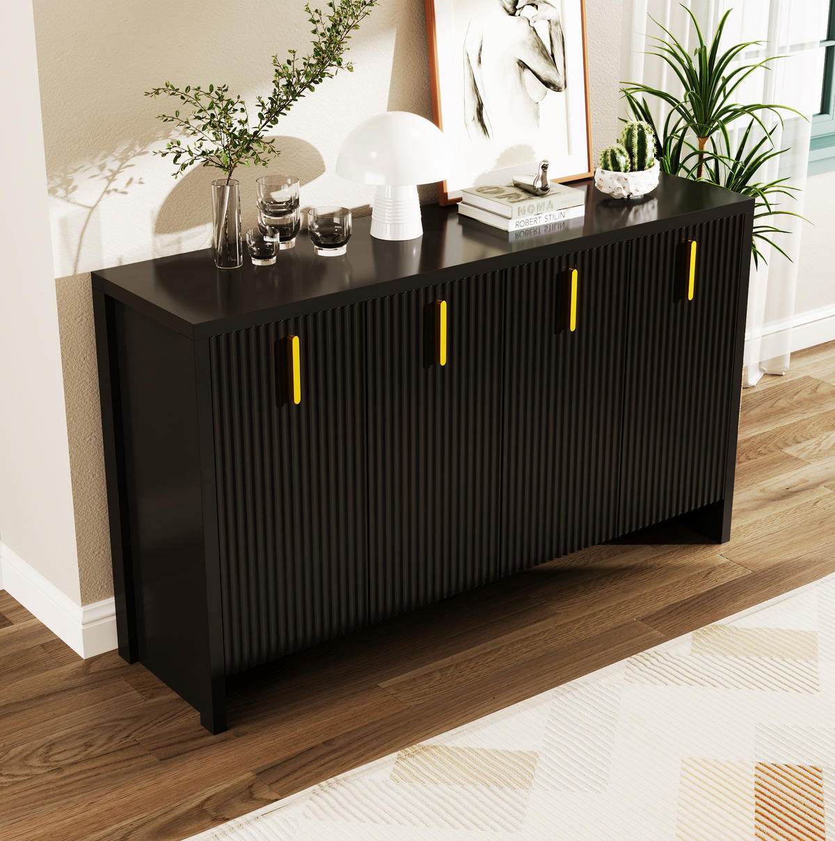 SIDEBOARD mit 4 Türen und verstellbaren Einlegeböden, 140/38/80 cm, Schwarz mit goldenen Griffen - Schwarz, Holzwerkstoff (140/38/80cm) - Redom