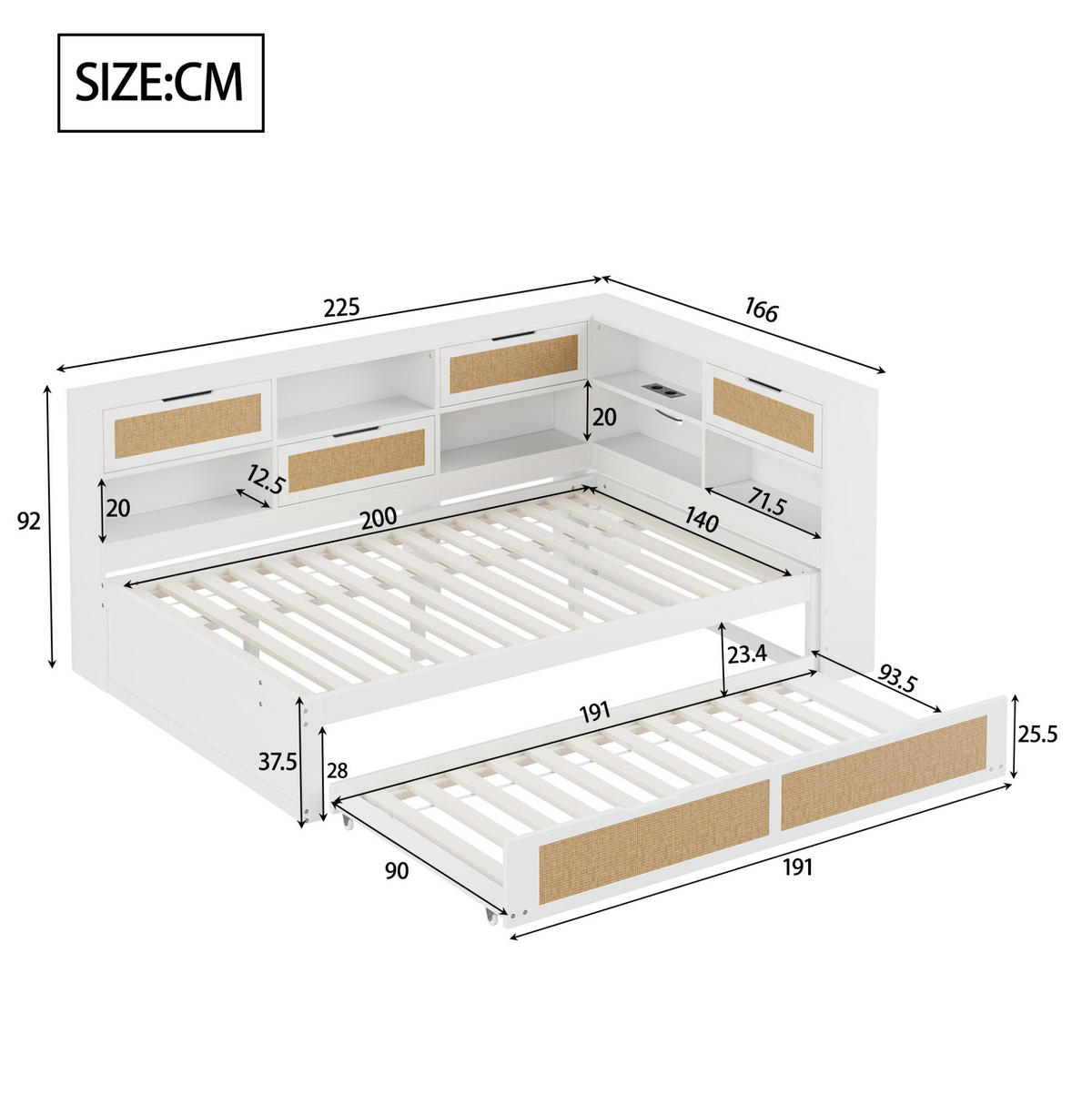 POLSTERBETT aus Holz 140x200 cm in Weiß mit Ausziehbett & USB-Anschluss - Weiß, Holz (140/200cm) - Modfu