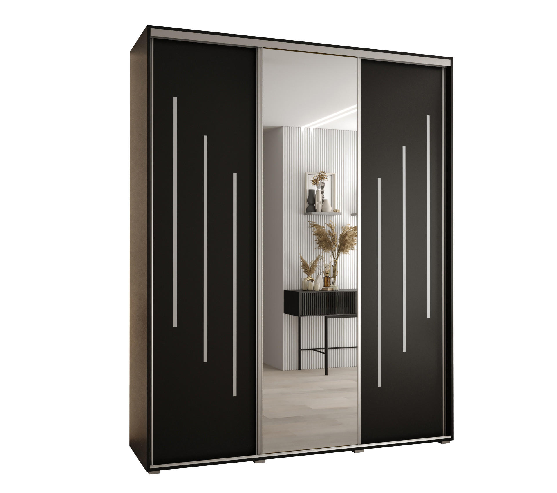 Abiks Möbel Schwebetürenschrank Schwarz, Schwarz, Silber 200x235x60 cm