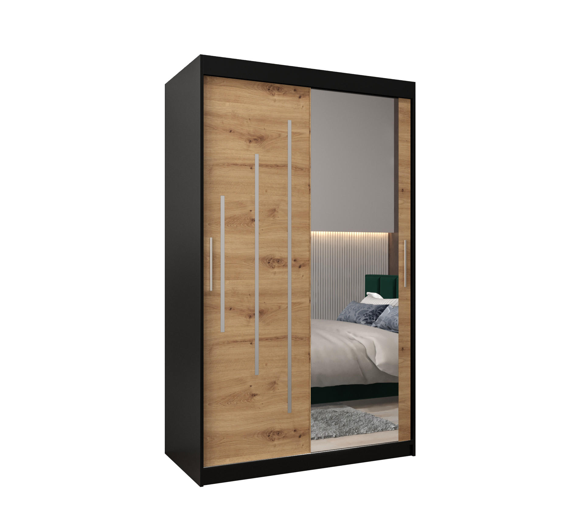 Abiks Möbel Schwebetürenschrank Schwarz, Eiche Artisan 120x200x62 cm