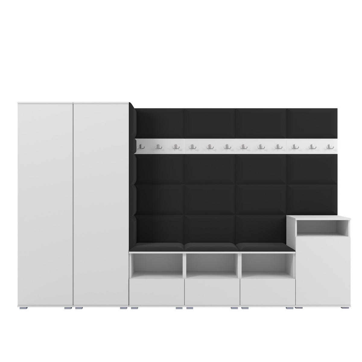 GARDEROBE NELA XII 300 cm (Modulare Flurmöbel Weiß mit Sitzpolster Schwarz 16 Gigantisches Set) - Silberfarben/Schwarz, Holz/Holzwerkstoff (300/187/40cm) - Ravio