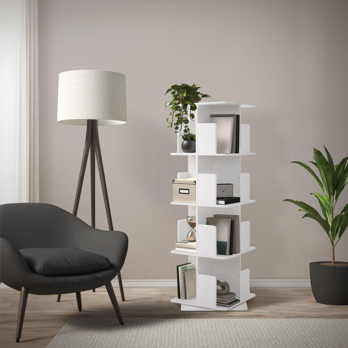 BÜCHERREGAL Kinder mit 4 Ebenen Weiß 40x124,5x40 cm Drehbar 360 Grad - Weiß, Holzwerkstoff (40/124.5/40cm) - ML-DESIGN