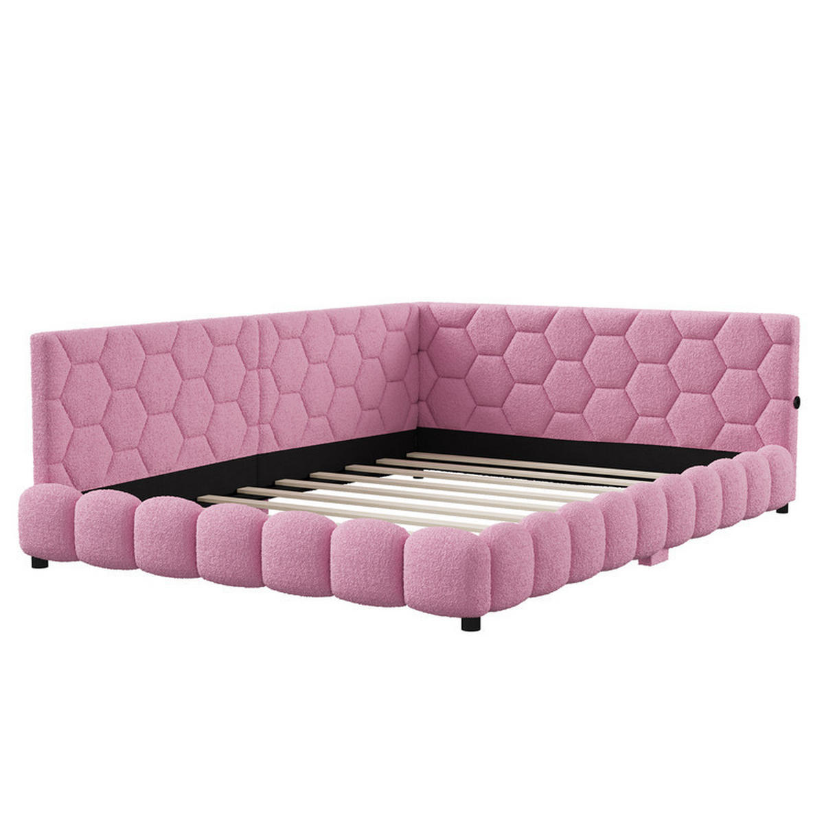 SCHLAFSOFA 140x200cm, Rosa, Lammwolle, mit LED-Lichtleiste und 2 USB-Anschlüssen, ohne Matratze - Rosa, Holz (140/200cm) - WoodenAura