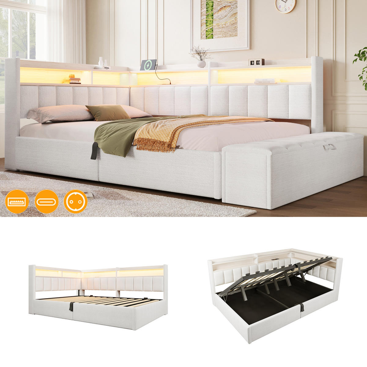 TAGESBETT 140 x 200 cm, Cremeweiß, Samt, LED, USB - Beige, Textil (140/200cm) - FLIEKS