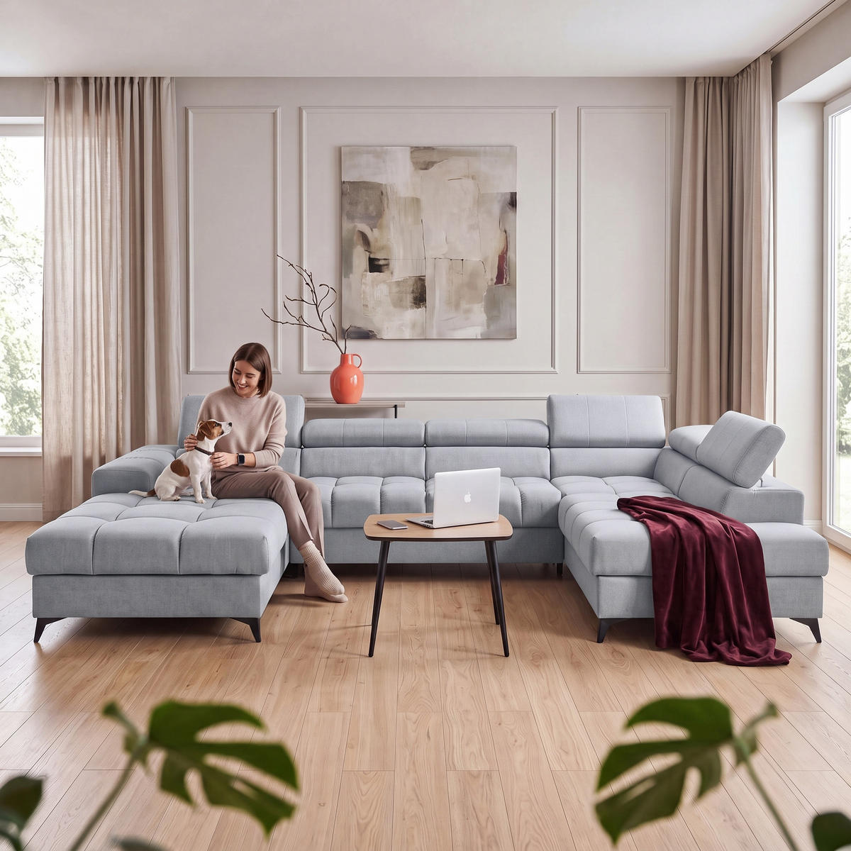 ECKSOFA PUDDING U Links mit Schlaffunktion 125x260 Velours Hellgrau - Hellgrau/Schwarz, Holz/Textil (203/350cm) - Muffo