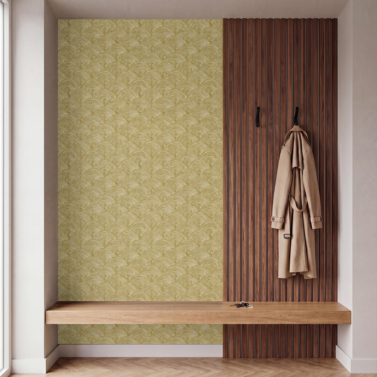TAPETE - Fächer - Geometrisch - Grün - 140x280 cm - Goldfarben, Papier (140/280cm) - OnlyWow