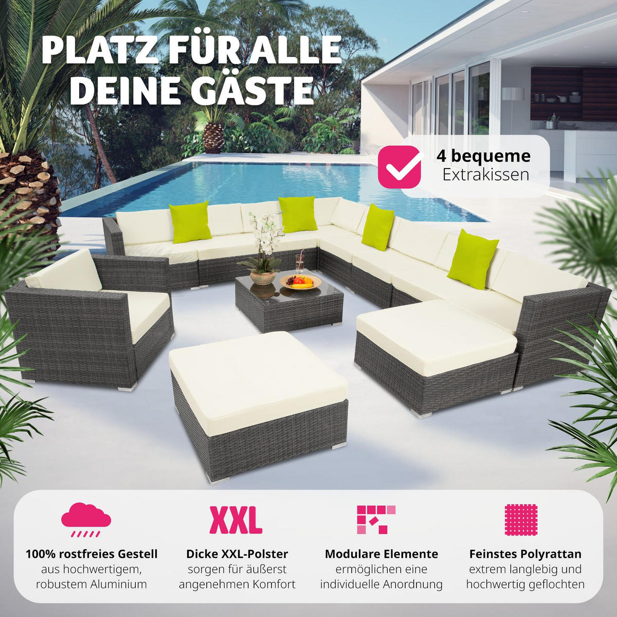 RATTANLOUNGE Las Vegas,mit Sicherheitsglasplatte,grau - Grau, Kunststoff - tectake
