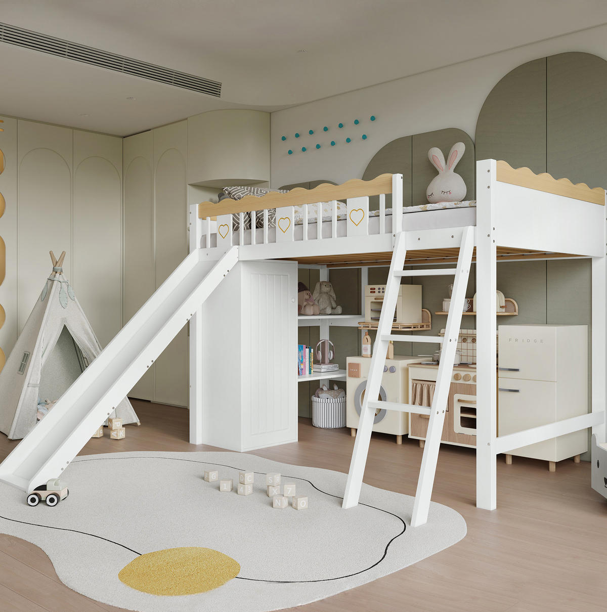 HOCHBETT 90/200 cm Weiß/Natur mit Rutsche und Schrank - Weiß, Holz (90/200cm) - Flora Grace