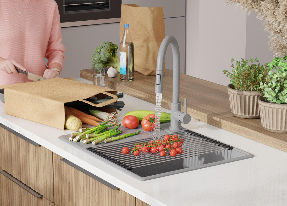 SPÜLBECKEN Kopenhagen, 2-er set Grau 62/50 cm 1 Becken + Ablauf-Set + Schneidebrett ab 50er Unterschrank - Beige/Grau, Kunststoff (62/20/50cm) - Primagran