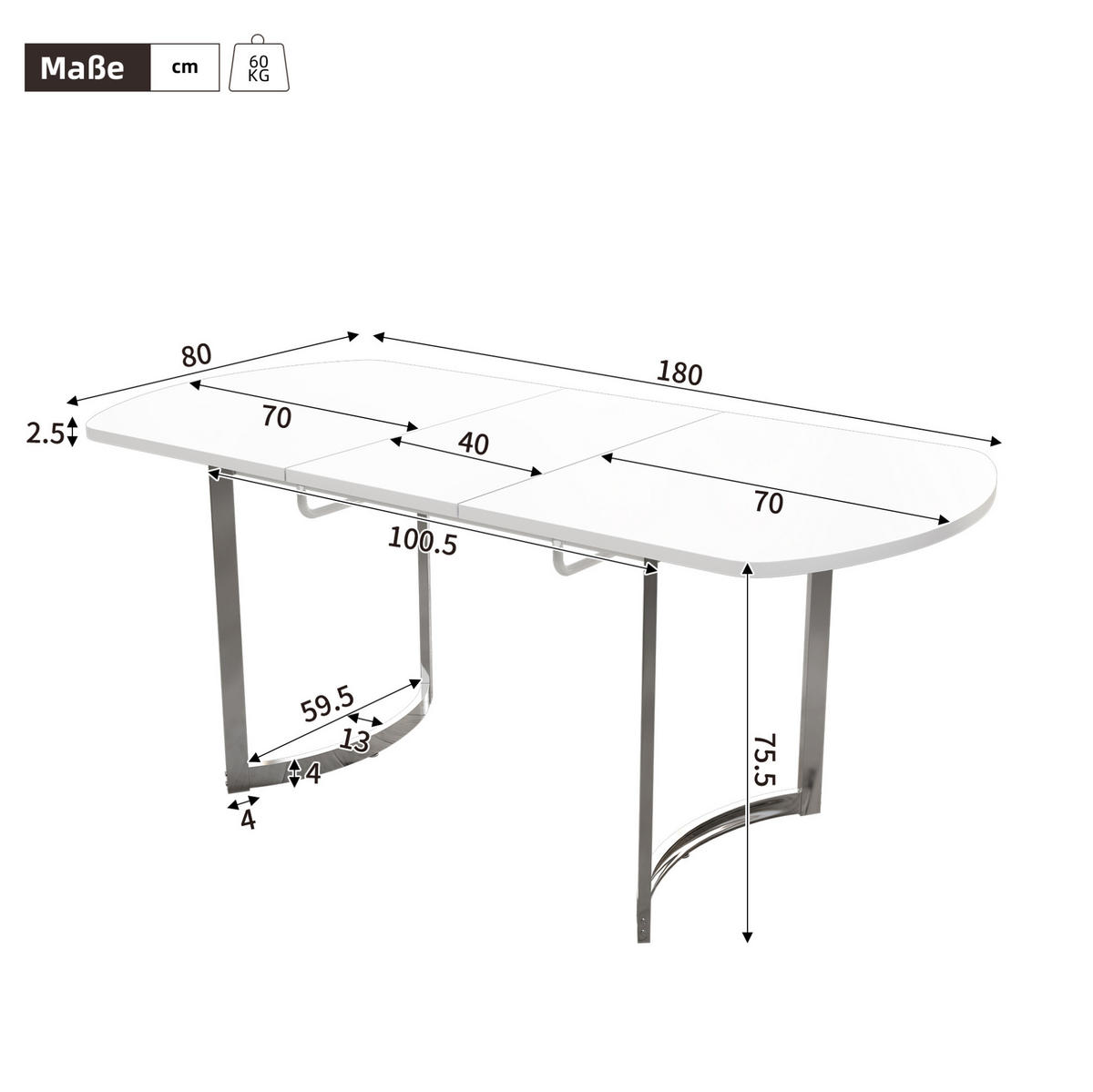 JÍDELNÍ stůl 140/180 x 80 cm bílý z MDF s rozkládací deskou - bílá, kompozitní dřevo (180/80/75cm) - OKWISH