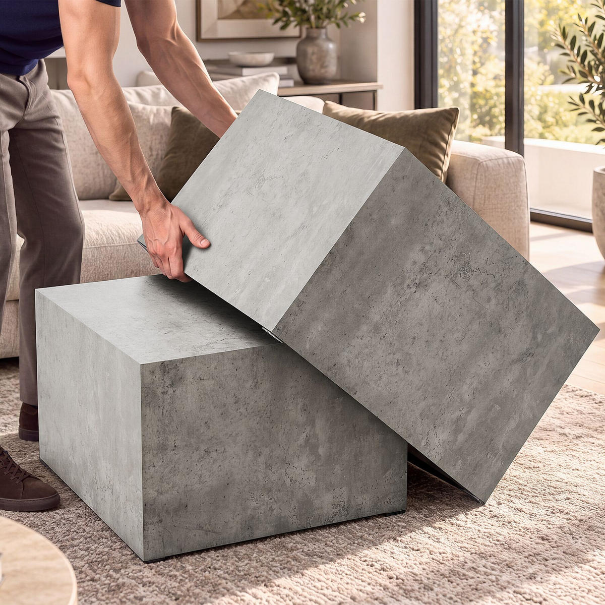 COUCHTISCH 2er Set Lacey, inkl. Filzschoner, Belastbarkeit 45 kg, Beton Optik - Grau, Holz (60/60/40cm) - tectake