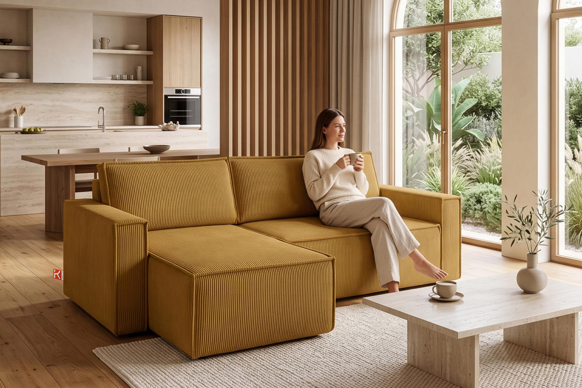 ECKSOFA-LINKS/RECHTS NAPI Schlaffunktion mit Cordbezug, Gelb - Gelb/Schwarz, Textil (246/148cm) - KONSIMO®