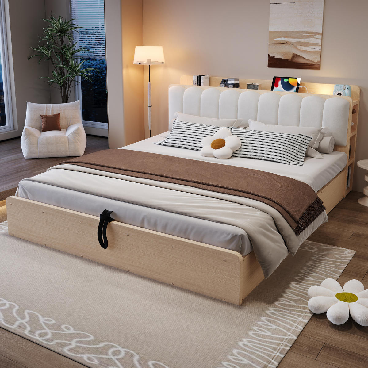 BETT 180/200 cm in Naturfarben & Beige mit Bettkasten, USB, Nachtlicht und Ablage Samt - Weiß/Naturfarben, Holzwerkstoff/Textil (180/200cm) - STILVORA