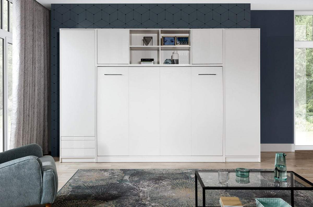 SCHRANKBETT Wandbett horizontal HB 140x200 mit 2 Schränken & Aufsatz - 4-teilig - Weiß - Weiß, Holzwerkstoff (140/200cm) - QMM TraumMöbel