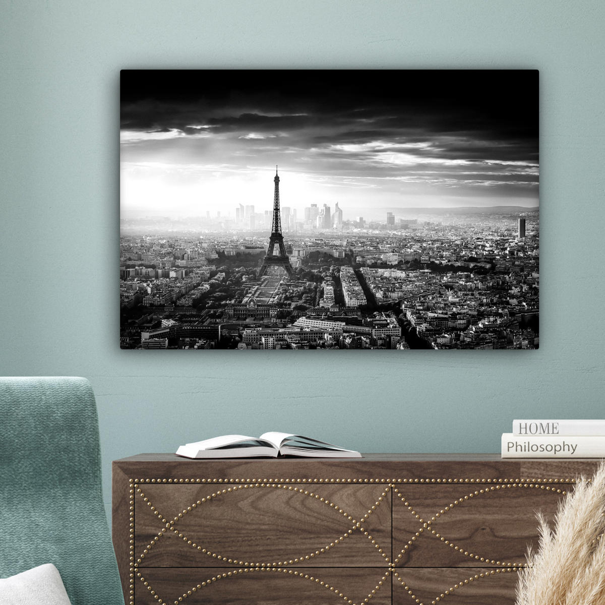 OBRAZ NA PLÁTNĚ Paříž - panorama - Eiffelova věž - město - mraky 90x60 cm - tmavě šedá, textil (90/60cm) - MuchoWow