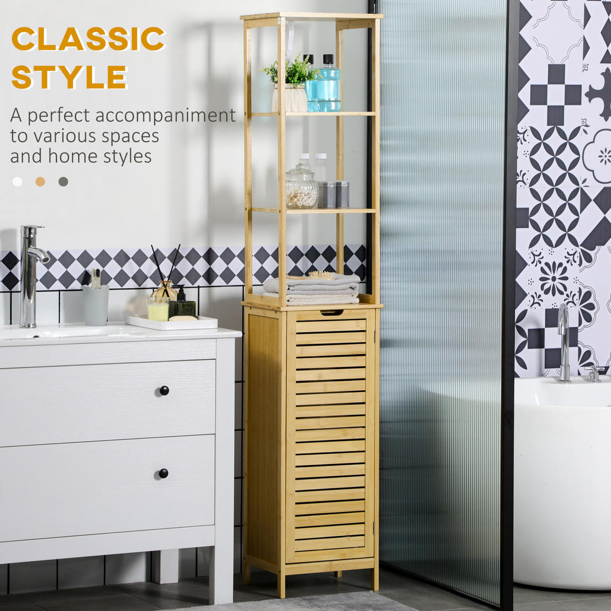 BADEZIMMER Hochschrank 34x30x173 cm Natur aus Bambus mit Lamellentür & 3 Ablagen - Naturfarben, Naturmaterialen (34/173/30cm) - Modfu