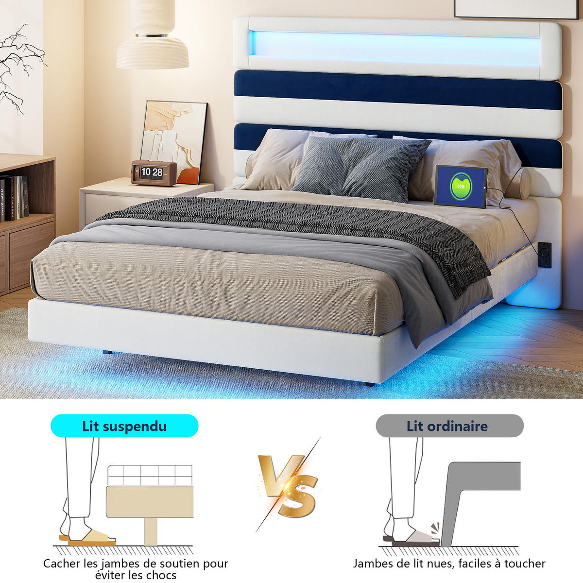POLSTERBETT 140x190 cm mit LED, USB, Kopfteil-Stauraum, Weiß - Weiß, Holz (140/190cm)